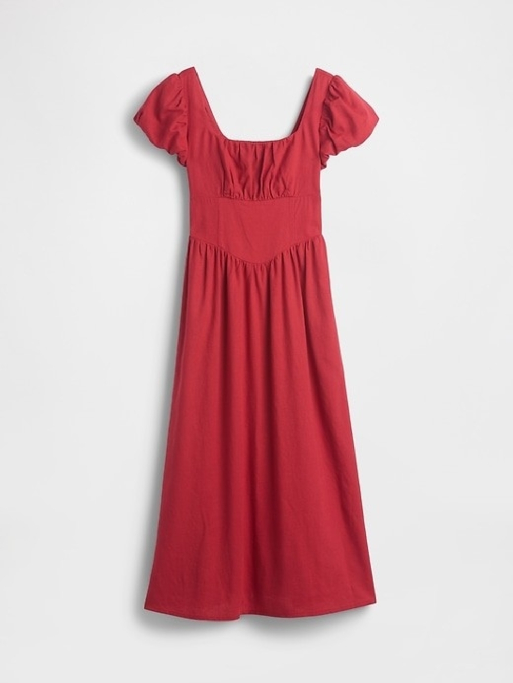 GAP Linen-Blend Drop-Waist Puff-Sleeve Maxi Dress with Square Neck Red Size XL